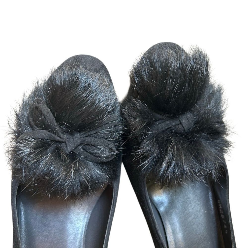 Stuart Weitzman black fur suede leather square toe Bow Heel 7.5 Pump Career Y2K - Picture 2 of 8